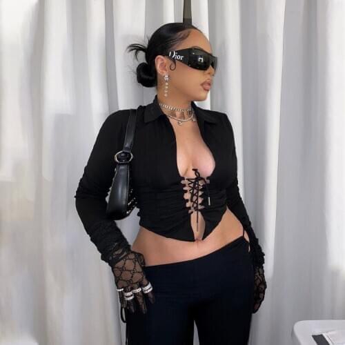 2021 Long Sleeve Solid Turndown Collar Hollow Out Bandage Sexy Tshirt Spring Summer Women Streetwear Lounge Wear Black/White