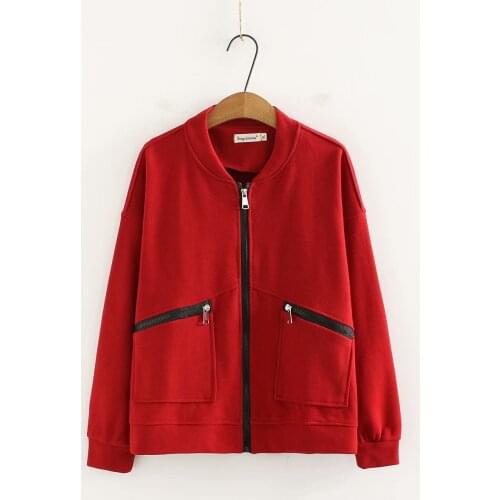 Plus size Womens autumn jacket 2021 stand collar pocket zipper Cardigan Womens clothing cotton solid color Womens outerwear