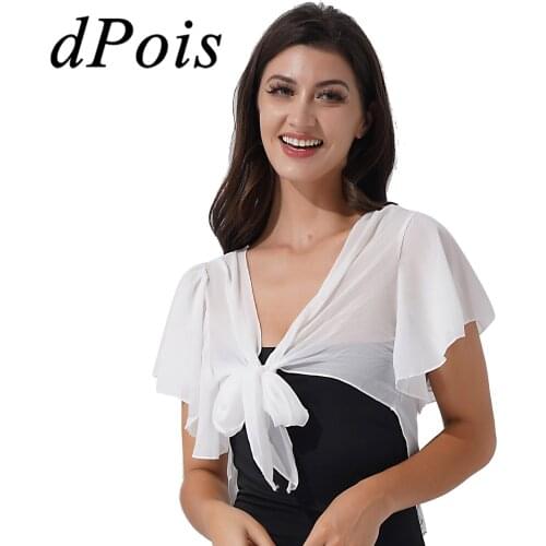 Women Chiffon Shawl Cardigan Short Ruffle Sleeve Open Front Tie Pleated Shrug Bolero for Wedding Party Bridal Wraps Cover Ups