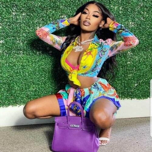 2 Pieces Set Sexy Fashion Women Set 2021 Summer Autumn Female Tops Floral Print Long Sleeve Shirt And Elastic Waist Mini Skirts