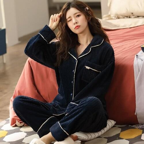 Ladies Pajamas Set Autumn And Winter Flannel Double-Sided Coral Velvet Pajamas Thickened Warmth And Soft Two-Piece Home Service