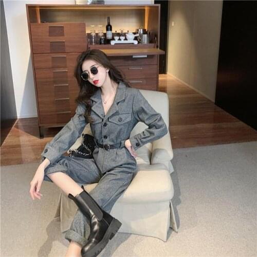 Women 2021 Spring Autumn Woolen One Piece Jumpsuits Female Wide Leg Pants Ladies Rompers Turn-down Neck Loose Overalls Y149