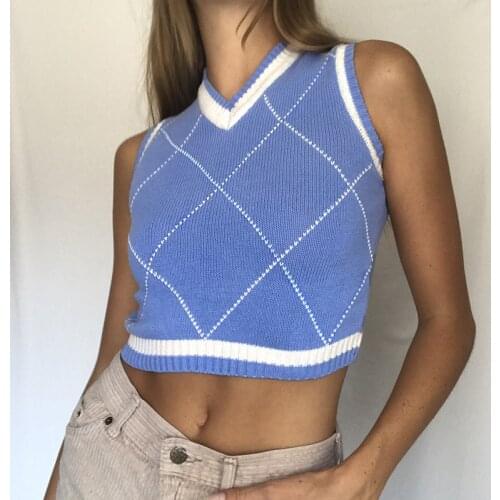 2021 New Womens Vest Sexy Plaid Contrast Knitted Tops Short Sleeveless Vest Sweater Women Cropped Argyle Vest V-Neck Sweaters