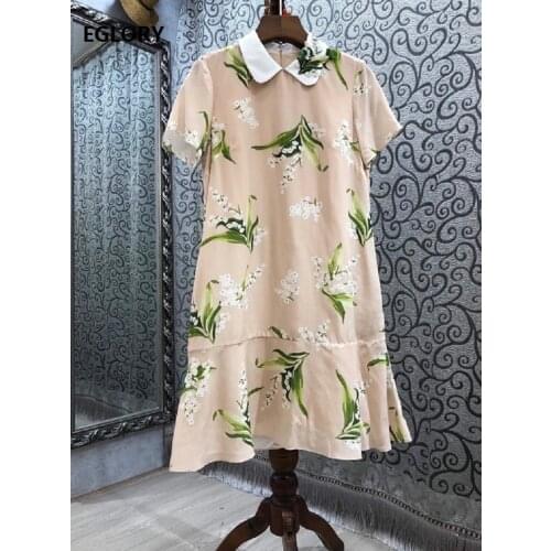 100%Silk Dress 2021 Summer Fashion Ladies Peter Pan Collar Charming Floral Print Short Sleeve Casual Party Sweet Dress Girls