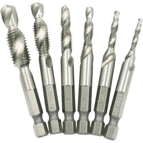6pcs Step Metric Composite Tap Drill Bit Set High Speed Steel Titanium Coated 1/4'' Hex Thread Spiral Screw M3-M10