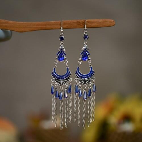 Bohemia Vintage Blue Rhinestone Earrings For Women Fashion Ethnic Style Silver Color Alloy Tassel Dangle Earrings