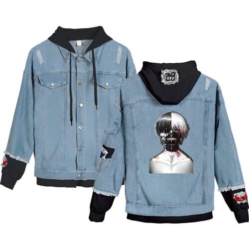 Hip Hop Streetwear Japanese Anime Tokyo Ghoul Print Unisex Denim Jackets Spring and Autumn Fashion Casual Hooded Jean Coats Men