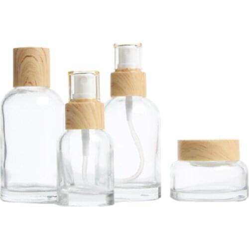 40ML 100ML 120ML Wood Pattern Lid Clear Glass Toner Spray Lotion Pump Bottles 50G Cream Jars Empty Cosmetic Packaging Container