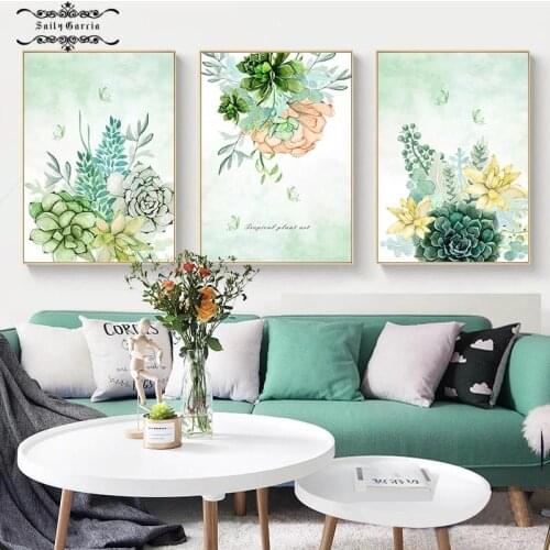 Watercolor Green Plant Canvas Painting Succulents Flower Posters and Prints Nordic Wall Art Pictures for Home Cuadros Decoration