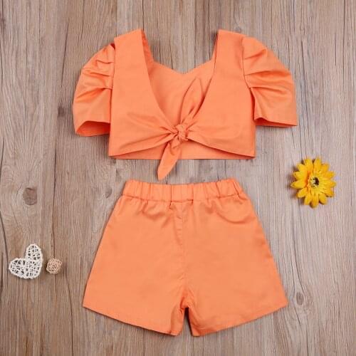 Citgeett Summer Solid 2-7Y Fashion Kids Girls Clothes Sets Short Puff Sleeve Backless Bowknot Tops Shorts 2pcs Set