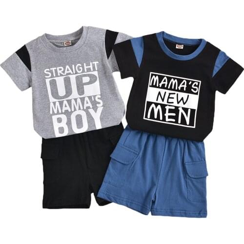 New 2Pcs Children Summer Tracksuits, Letters Print O-Neck Short Sleeves T-Shirt + Splicing Shorts for Boys, 18 Months to 5 Years