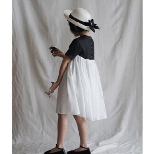 2021 Japanese and Korean girls' summer stitching black and white British A-line dress cotton hemp texture dress
