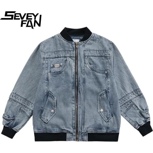 ABOORUN Mens Retro Patchwork Denim Jacket High Quality Multi Pockets Zipper Jean Coat Streetwear for Male