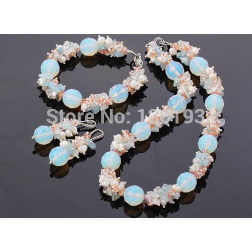 Nice Stunning Pearl Crystal, Opal Stone Necklace Bracelet Earrings Set Jewelry for Women Wedding Jewelry Sets