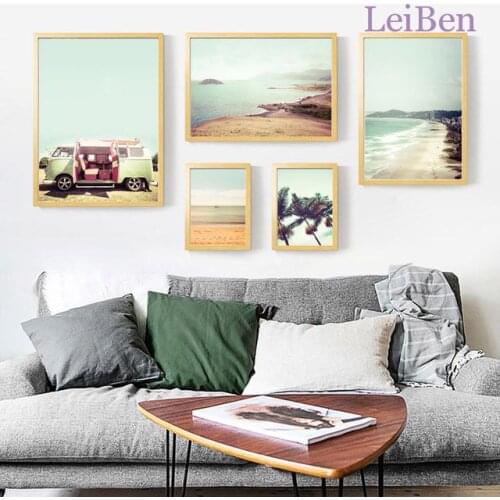 Nordic Modern Landscape Art Wall Poster Canvas Painting Beach Coconut Tree and Car Mural Home Decoration Living Room Picture