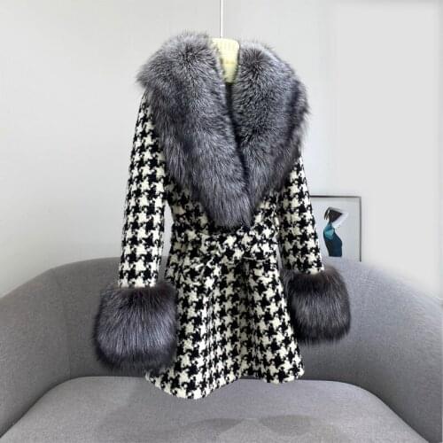 Huge Natural Silver Fox Fur Coat For Women Retro Houndstooth Wool Pathchwork Womens Winter Jacket With Belt Plus Size Fur Coats