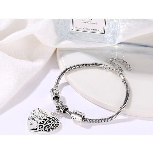 New Vintage Hollow Heart Beads Charm Bracelets For Women DIY Elegant Silver Color Snake Chain Love Bracelet Party Jewelry Gift