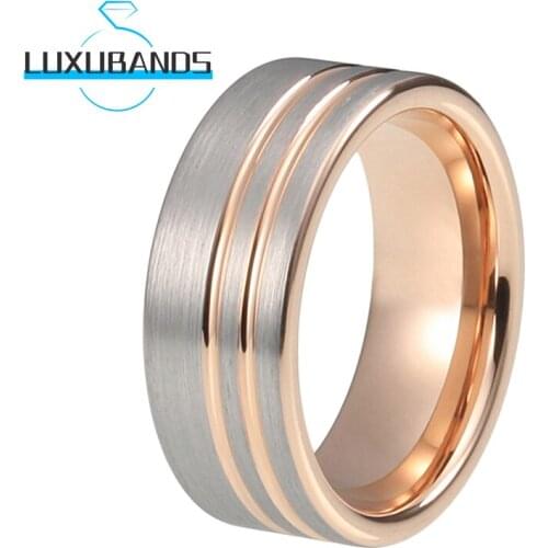 Men Wemens 8MM Tungsten Wedding Bands Engagement Rings Rose Gold Offset Two Grooved Brushed Finished Comfort Fit