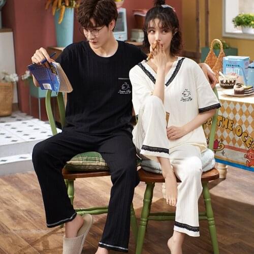 Couple Pajamas Korean Cotton Cartoon Print Short-sleeved Trousers Two-piece Pajamas Set Summer Lovers Lounge Wear Suit 2021