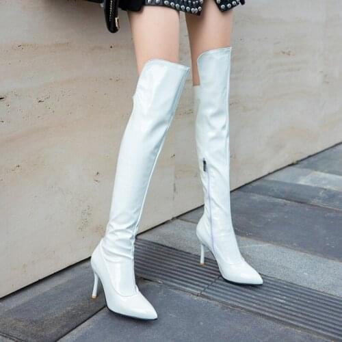 Sexy Patent Leather Thigh High Boots Women High Heels Over The Knee Boots for Women Pointed Toe Zip White Red Party Long Shoes