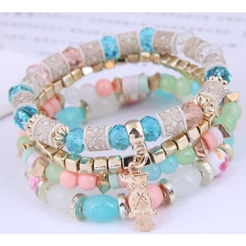 Multicolors Resin Stone Wristband Bangles Bracelets Fashion Beaded Bracelets Multilayer Metal Owl Charm Bracelet