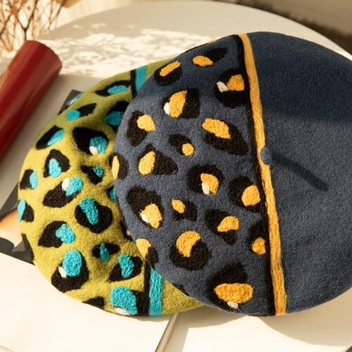 Hats For Women Creative Leopard Design Wool Felt Beret Handmade French Style Winter Novelty Artist Berets Birthday Gift