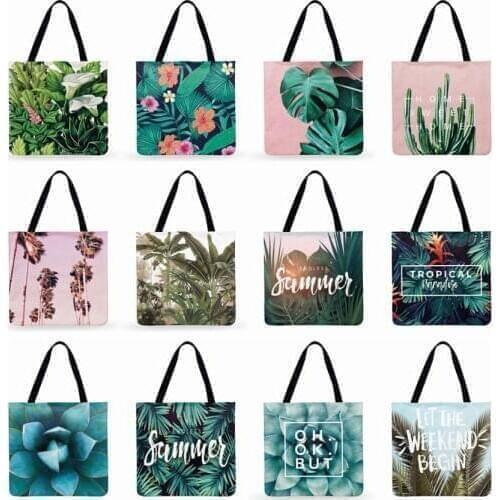 Women Shoulder Bag Tropical Plant Printing Tote Bag Linen Febric Casual Tote Reusable Beach Bags Foldable Shopping Bag
