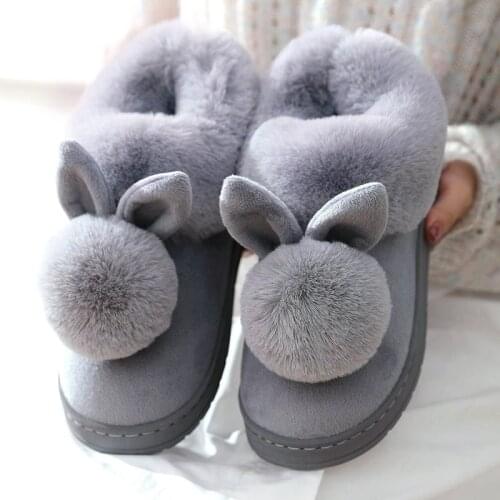 Rabbit Ears Women Home Slippers Cartoon Lovely Slip On Thick Soled Winter Warm House Shoes Ladies Girls Indoor Fur Slides