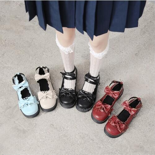 Lolita Shoes Japanese Style Kawaii Girls 4colors Bow-knot College Student JK Uniform Lovelive PU Leather Women Shoes Streetwear