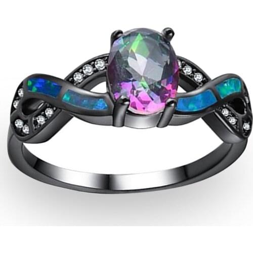 Creative Black Gold Color Inlaid White Crystal Zirconium Colorful Faux Blue Opal Female Alloy Metal Ring for Women Party Jewelry