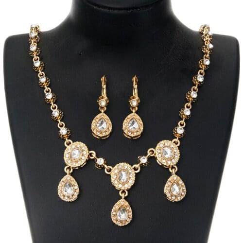Arabic Handmade Crystal Jewelry Wedding Ladies Gold Headwear Water Drop Jewelry Set Head Chain Earring Two Piece Set