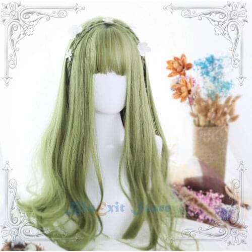 Matcha Green Lolita Wig Harajuku Fairy Cosplay Bangs Curly Body Wave Long Candy Sweet Fringe Adult Girls Hair