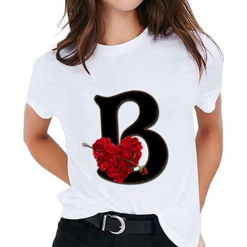Letter Combination Flower Printing Women Tshirt 2021 Summer Flower Letter Font A B C D E F G Short Sleeve Ladies T-Shirt