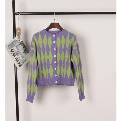 Womens Long Sleeve Button Down Crew Neck Classic Diamond Sweater Knit Cardigan Crop Top Korean Fashion Blouse Female Coat Winter