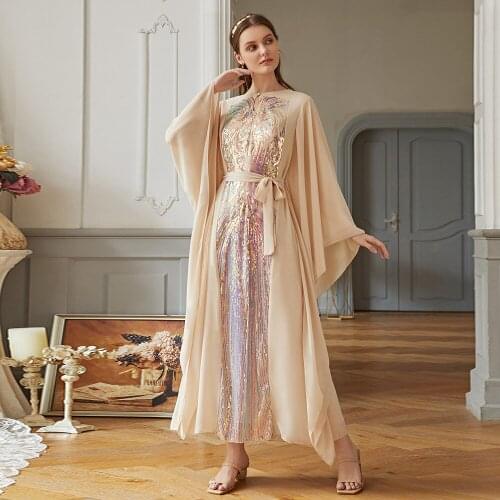Sequined bead Symphony Butterfly Sleeve Muslim Robe abaya syari female full length embroidery Muslim Worship Service abaya F2048