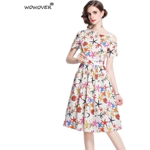 Runway Fashion One Shoulder Print Midi Summer Dresses for Women Short Sleeve High Waist Casual Aline Holiday Female Vestidos