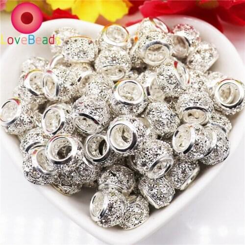 10Pcs CZ Stones Crystal Rhinestone Big Hole Round Loose Glass Spacer Beads Fit Pandora Bracelet Bangle Snake Chain Women Jewelry