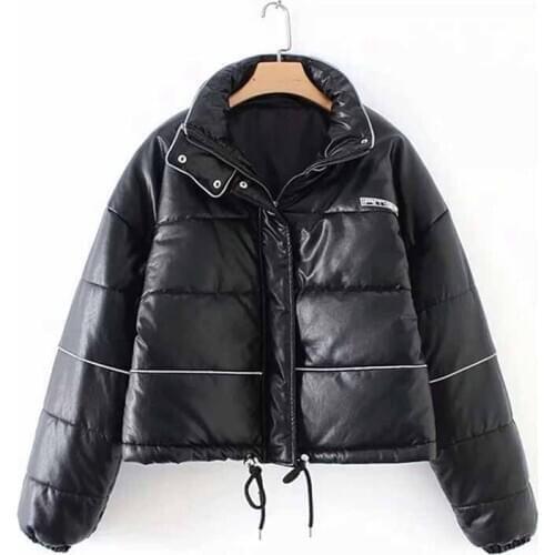 2019 Fashion Winter Short Parkas Women Faux leather Down cotton jacket Stand collar Thicken Students Cotton Coat Plus size G487