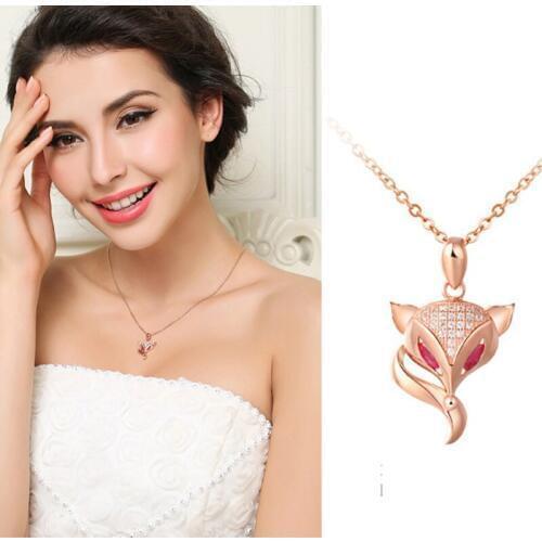 925 Sterling Crystal Fox Pendant Necklace For Women Girls Wedding Party Dress Jewelry Gifts For Her, , Rose Gold