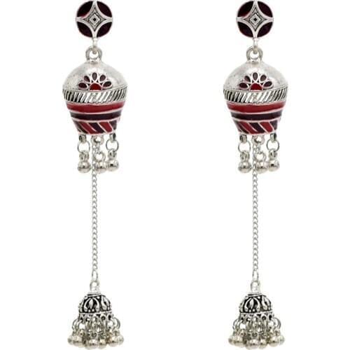 Afghan Vintage Silver Color Carved Flower Indian Jhumka Earrings for Women Bells Long Tassel Earring Turkish Tribal Jewelry