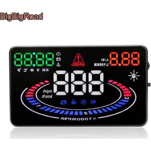 BigBigRoad Car HUD Head Up Display OBD 2 Interface Smart Digital Speedometer Windscreen Projector Overspeed voltage Fuel Alarm