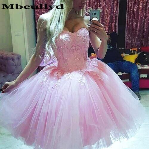 Mbcullyd Ball Gown Prom Dresses 2020 Tulle Backless Applique Girls Graduation Party Gown Plus Size Pink Gala Homecoming Dress