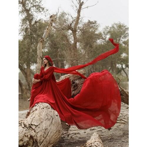 Free Shipping New Spring Summer Fashion Chiffon Dresses For Women Three Quarter Lantern Sleeve V-Neck Red Big Hem Dresses S-L