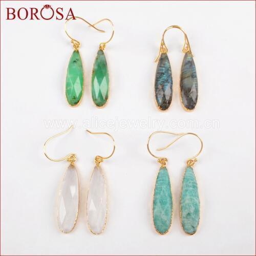 BOROSA New Natural Stone Earring Gold Color Teardrop Quartz Crystal Labradorite Faceted Charms Dangle Earrings Jewelry G1524-E