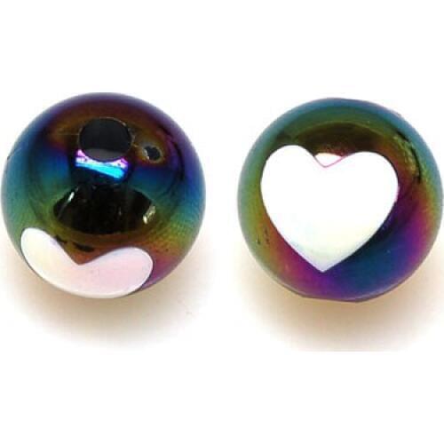 Beads,Acrylic round black AB with white heart in the middle 16mm round plastic beads