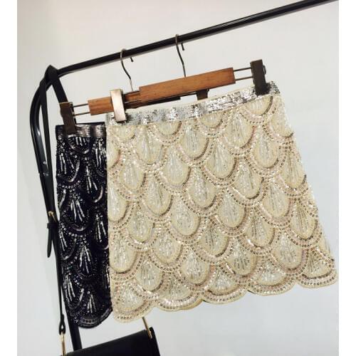 Cakucool Women Sequins Short Skirt Vintage Beading Pencil Skirt High Waist Bohemian Bling Silm Bodycon Runway Mini Skirts