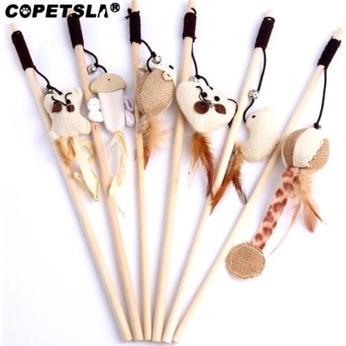 Copetsla 40cm Cat Teaser Toys Feather Linen Wand Cat Catcher Teaser Stick Cat Interactive Toys Wood Rod Mouse Toy With Mini Bell
