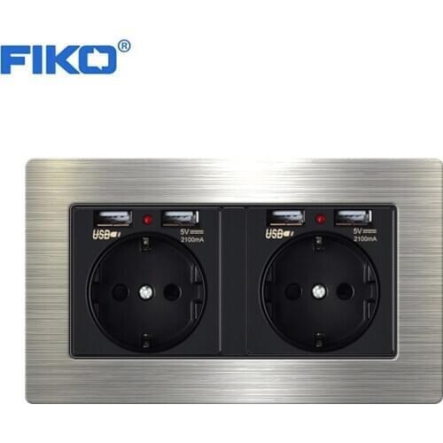 FIKO 16A EU wall power standard with dual usb Household, 146mm*86mm stainless steel panel electrical socket double usb Black
