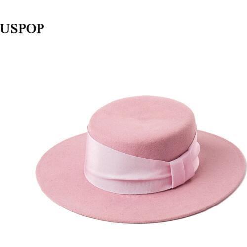USPOP New Autumn winter flat top wool fedoras women wide bow ribbon wool hats fashion female solid color thick wool hats
