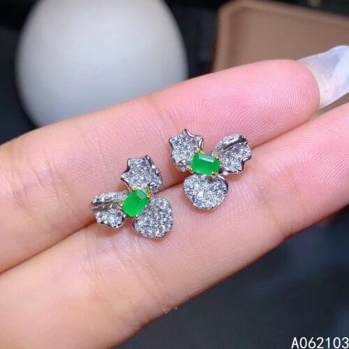 KJJEAXCMY 925 sterling silver inlaid natural emerald Women vintage popular square plant Gem Earrings ear stud support detection